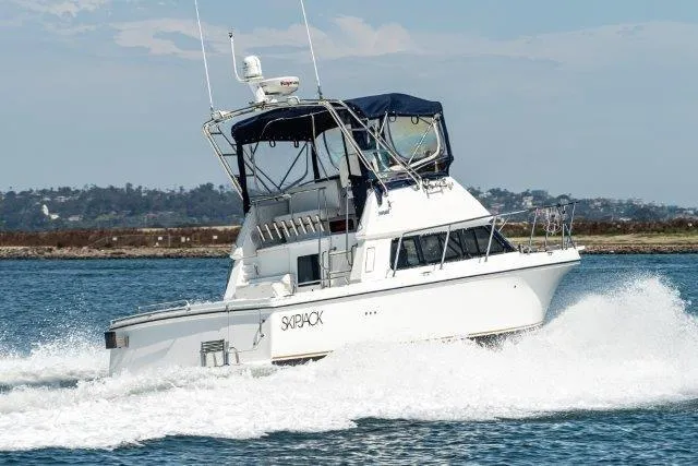 Slide: The Image of 2011 Skipjack 300 Flybridge cruising on water, showcasing sleek design and performance. - 11