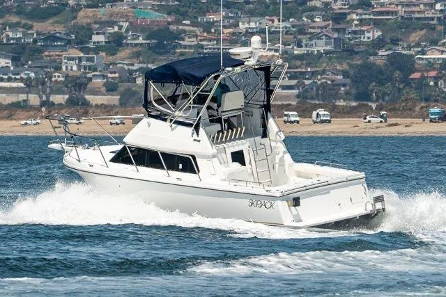 Slide: The Image of 2011 Skipjack 300 Flybridge cruising on the water near a coastal town. - 17