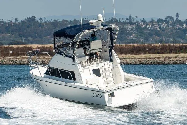Slide: The Image of 2011 Skipjack 300 Flybridge cruising on water, showcasing sleek design and powerful performance. - 18