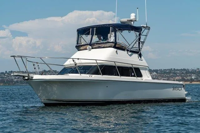 Slide: The Image of 2011 Skipjack 300 Flybridge boat on water, featuring sleek design and spacious flybridge. - 2