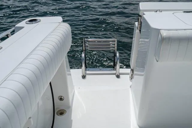 Slide: The Image of 2011 Skipjack 300 Flybridge boat with swim ladder and white seating, on calm water. - 32