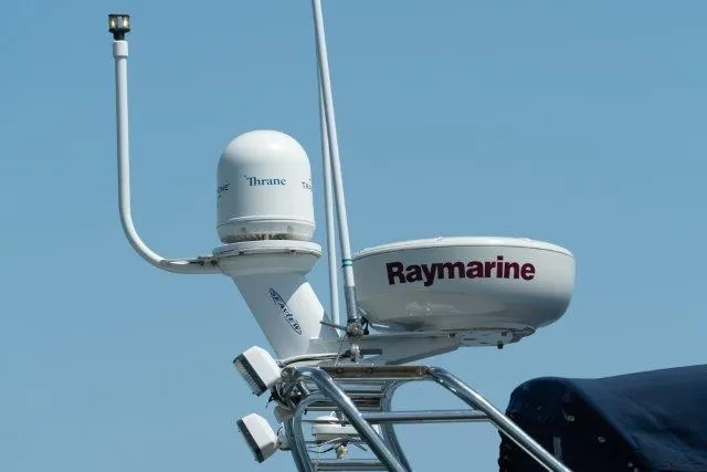 Slide: The Image of Radar and communication equipment on a 2011 Skipjack 300 Flybridge boat. - 46