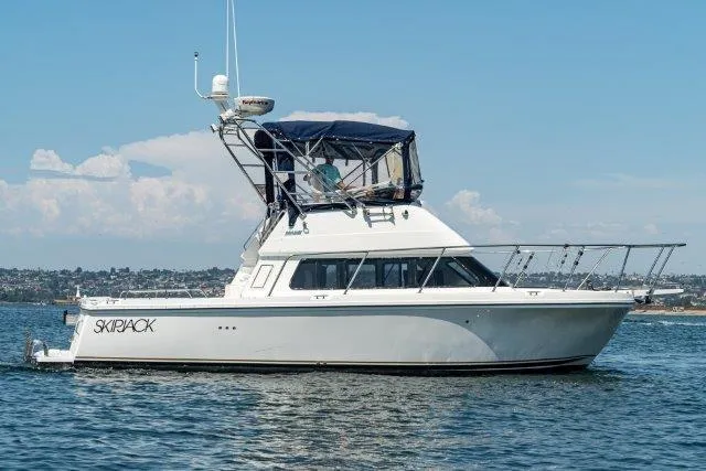 Slide: The Image of 2011 Skipjack 300 Flybridge boat on calm water under clear sky. - 5