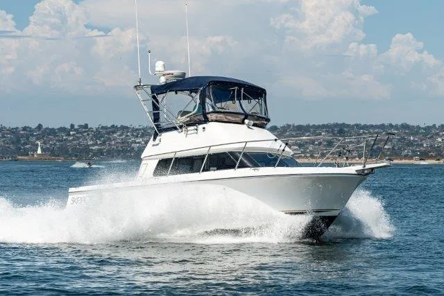 Slide: The Image of 2011 Skipjack 300 Flybridge cruising on open water with cityscape background. - 9