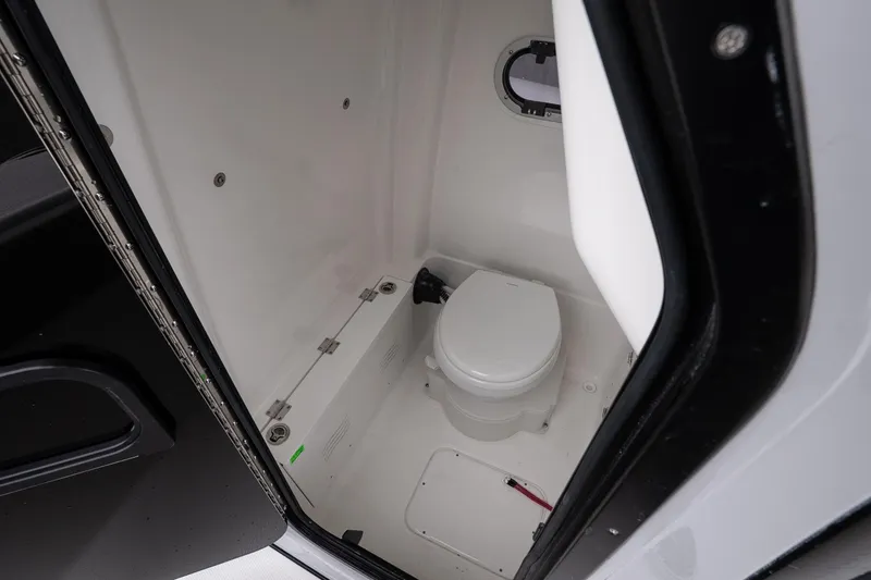 Slide: The Image of Interior view of 2026 Blazer Bay Makaira 2600 boat bathroom with toilet. - 21