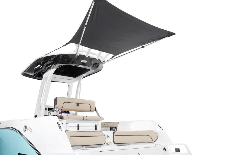 Slide: The Image of Manufacturer Provided Image: 2026 Yamaha Boats 222 FSH Sport E with canopy and seating, showcasing modern design. - 9