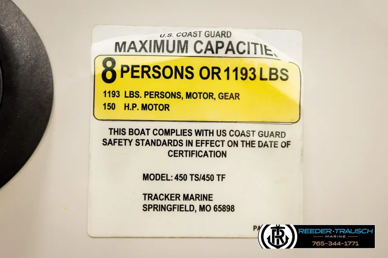 Slide: The Image of 2016 Tahoe 450 TS capacity label: 8 persons or 1193 lbs, 150 HP motor. - 49