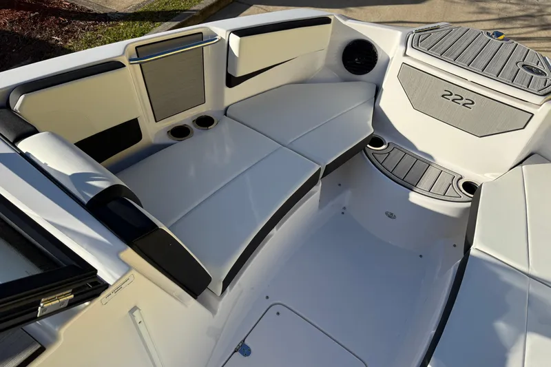 Slide: The Image of Interior view of 2026 Yamaha Boats 222SD, featuring sleek seating and modern design. - 26