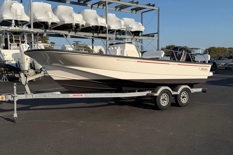 The Image of 2014 Boston Whaler 190 Montauk boat on trailer in marina setting. - 1