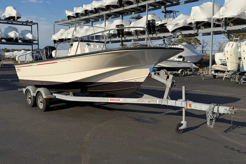 Slide: The Image of 2014 Boston Whaler 190 Montauk boat on trailer in marina storage area. - 3