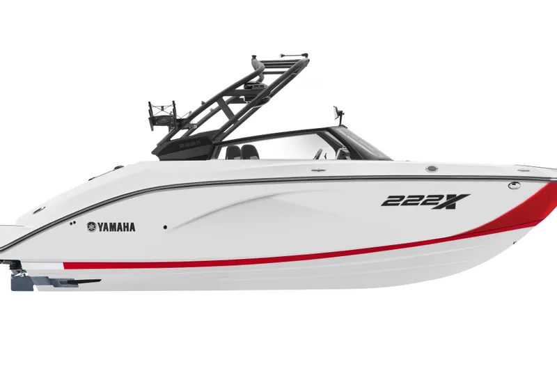 Slide: The Image of 2026 Yamaha Boats 222XD, sleek white and red design, side view. - 16