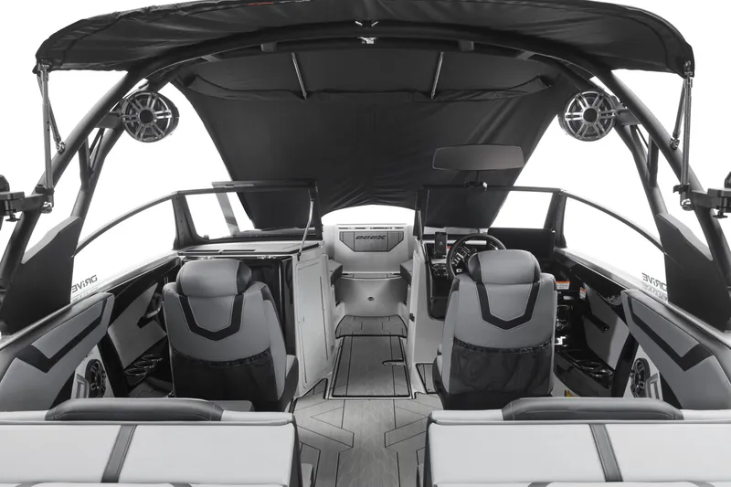 Slide: The Image of Interior view of 2026 Yamaha Boats 222XD, featuring sleek seating and modern dashboard design. - 9