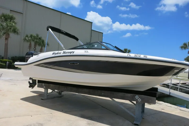 The Image of 2017 Sea Ray SPX 190 Outboard boat on display, featuring sleek design and "Hydro Therapy" name. - 0