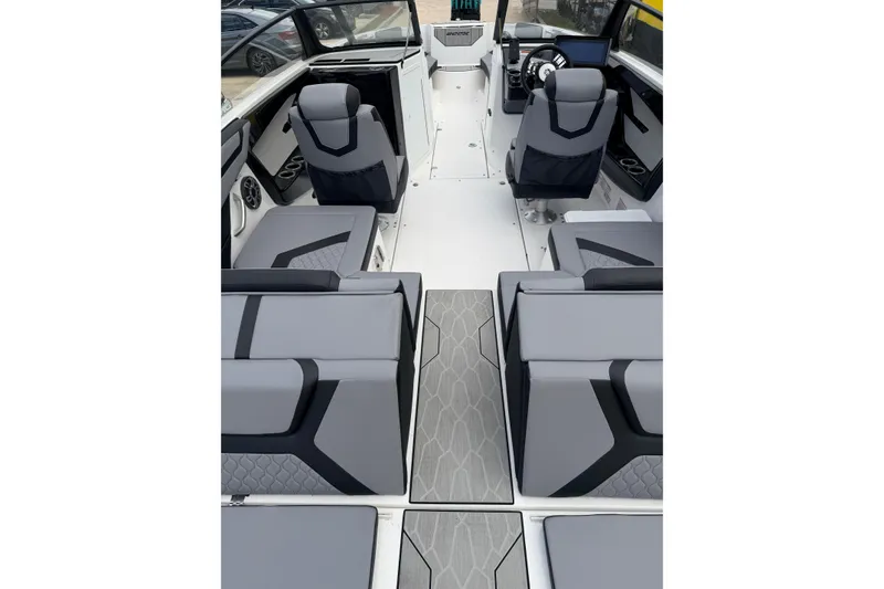 Slide: The Image of Interior of 2026 Yamaha Boats 222XD with modern seating. - 8