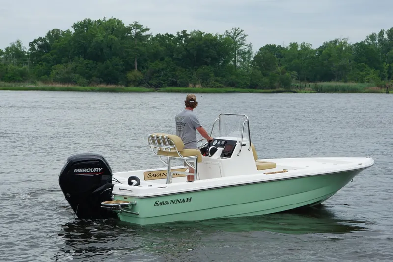 Slide: The Image of 2025 Savannah 190 IS boat on water, featuring Mercury engine, lush green shoreline background. - 2