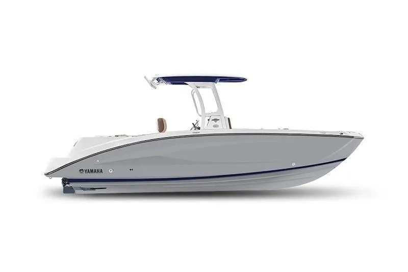 The Image of 2026 Yamaha Boats 252 FSH Sport, sleek white design with blue accents, side view. - 0