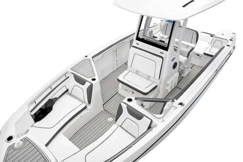 Slide: The Image of 2026 Yamaha Boats 252 FSH Sport, sleek white interior, spacious seating, modern design. - 2