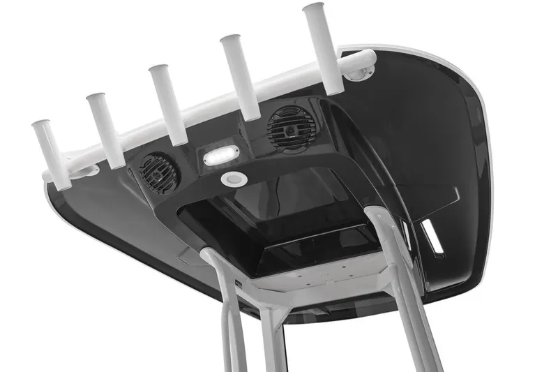 Slide: The Image of 2026 Yamaha Boats 252 FSH Sport T-top with rod holders and speakers, viewed from below. - 5