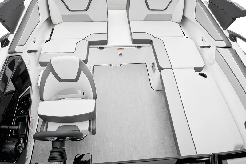 Slide: The Image of Manufacturer Provided Image: 2026 Yamaha Boats AR220 interior with sleek white and gray seating design. - 2