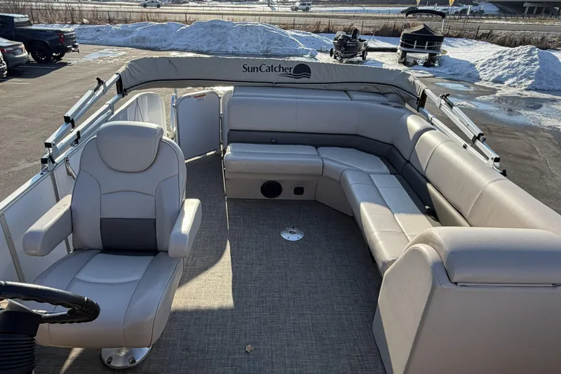 Slide: The Image of 2019 SunCatcher V322 Cruise pontoon boat with spacious seating and modern design. - 19