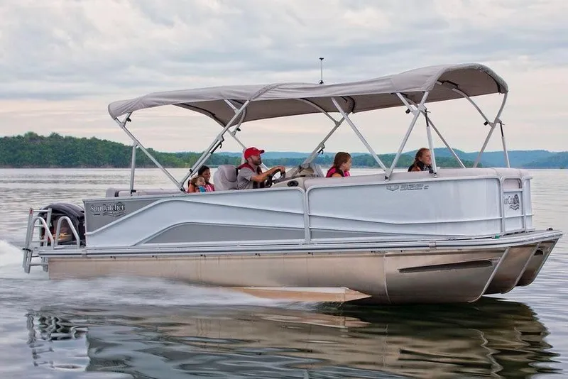 Slide: The Image of Manufacturer Provided Image: 2019 SunCatcher V322 Cruise pontoon boat on a calm lake with passengers. - 28