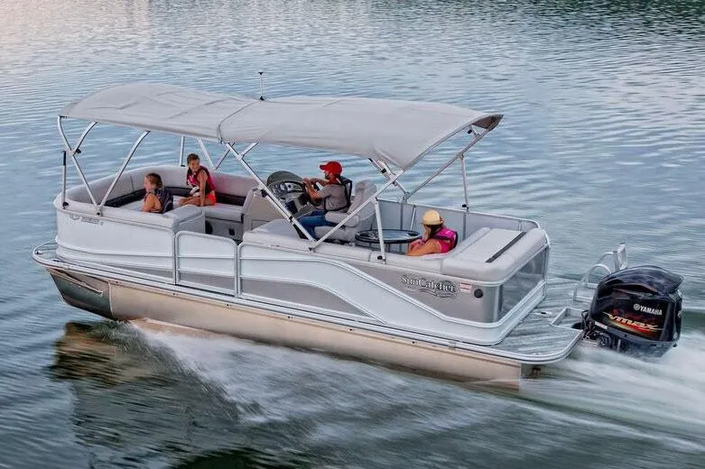 Slide: The Image of Manufacturer Provided Image: 2019 SunCatcher V322 Cruise pontoon boat on water with passengers. - 32