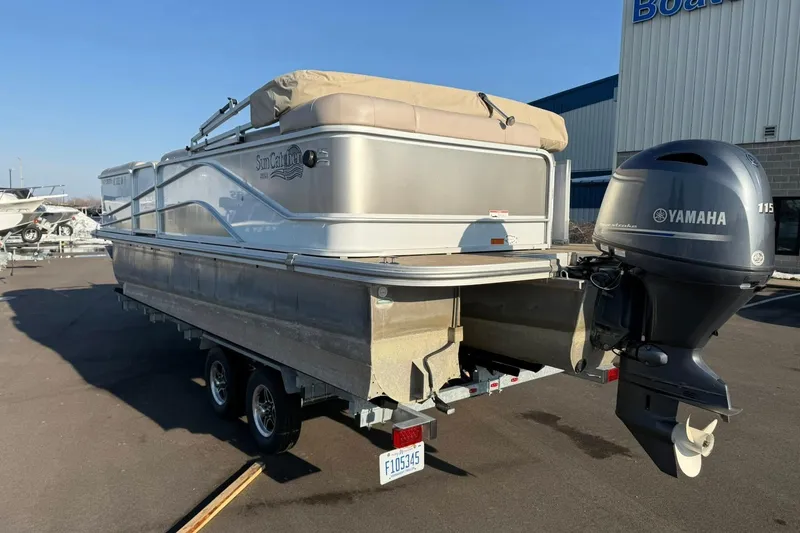 Slide: The Image of 2019 SunCatcher V322 Cruise pontoon boat with Yamaha 115 engine on trailer. - 5