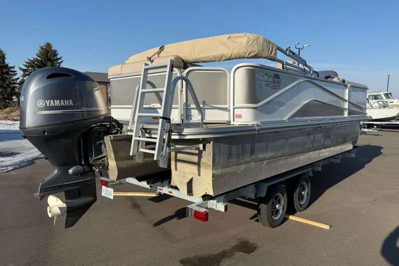 Slide: The Image of 2019 SunCatcher V322 Cruise pontoon boat with Yamaha motor on trailer. - 6