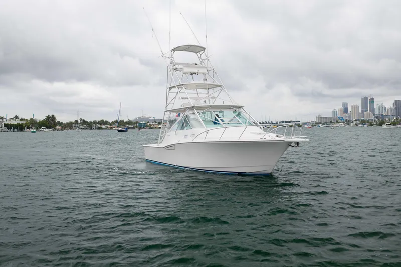 Slide: The Image of 2006 Cabo 35 Express boat on water with city skyline in background. - 6