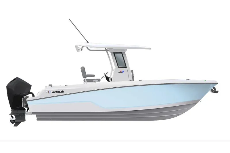 Slide: The Image of 2026 Wellcraft 243 Fisherman boat, side view, white and blue design, outboard motor. - 9