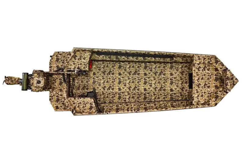 Slide: The Image of Manufacturer Provided Image: 2026 Excel 1854 Shallow Water F4 Pro Hull boat, top view, camouflage design. - 16