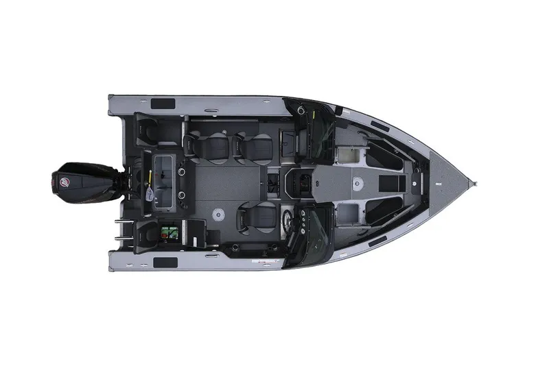 Slide: The Image of Manufacturer Provided Image: Top view of 2025 Lund 1875 Pro-V fishing boat with seating and storage. - 14