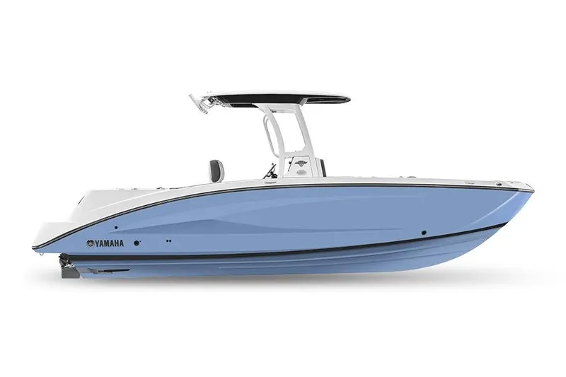 The Image of 2026 Yamaha Boats 255 FSH Sport E, sleek blue and white design, side view. - 0