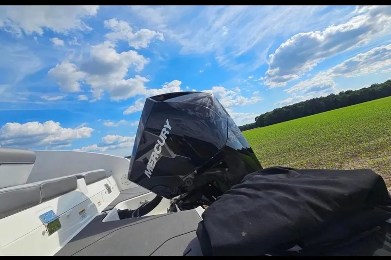 Slide: The Image of 2023 Bayliner DX 2200 boat with Mercury engine, set against a vibrant countryside backdrop. - 12