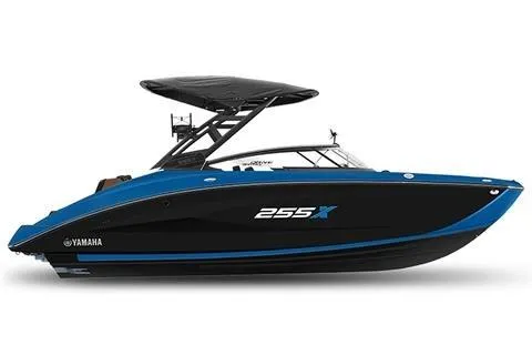 The Image of 2026 Yamaha Boats 255XD, sleek black and blue design, modern features, side view. - 0