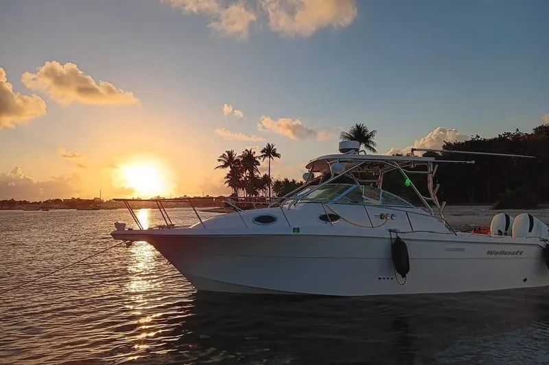 Slide: The Image of 2004 Wellcraft 290 Coastal boat anchored at sunset near a tropical beach. - 21