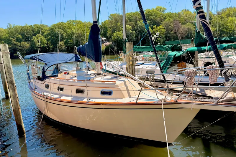 The Image of 1992 Island Packet 29 sailboat docked in a serene marina setting. - 0