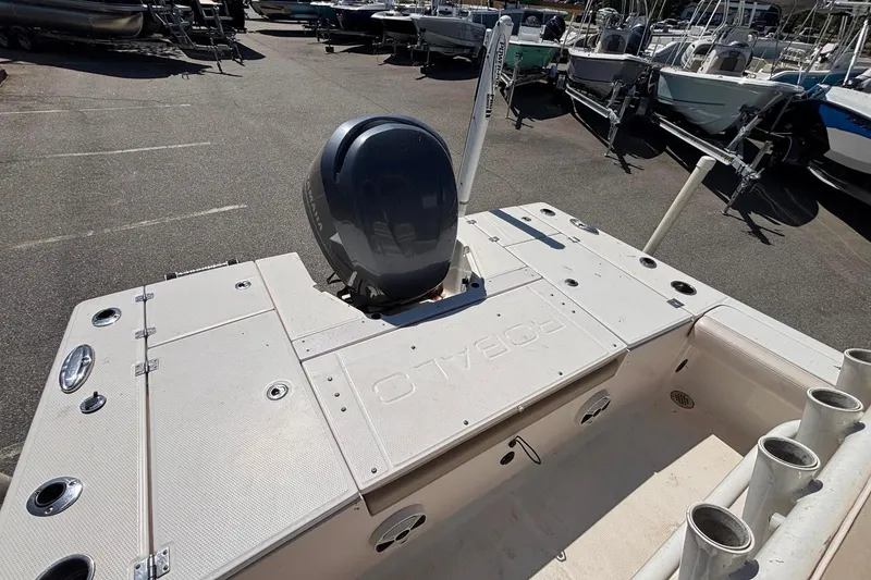 Slide: The Image of 2015 Robalo 246 Cayman boat with outboard motor, docked among other boats. - 12