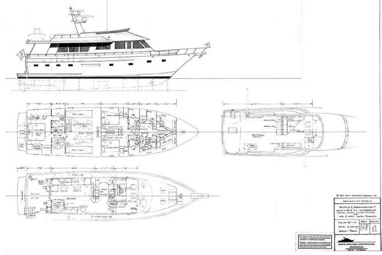 Slide: The Image of Blueprint of 1990 Cooper Queenship Pilothouse Motoryacht, showcasing detailed deck and cabin layouts. - 6