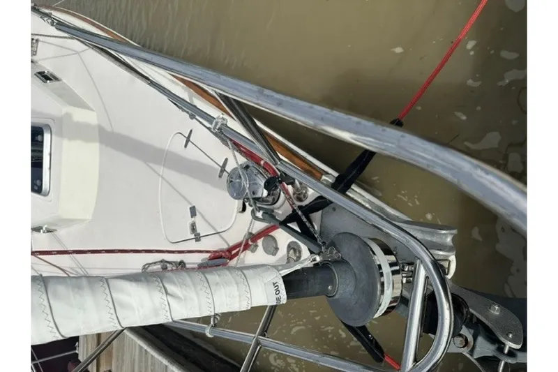 Slide: The Image of Close-up of a 1994 Sabre 362 sailboat deck with rigging and winch. - 25