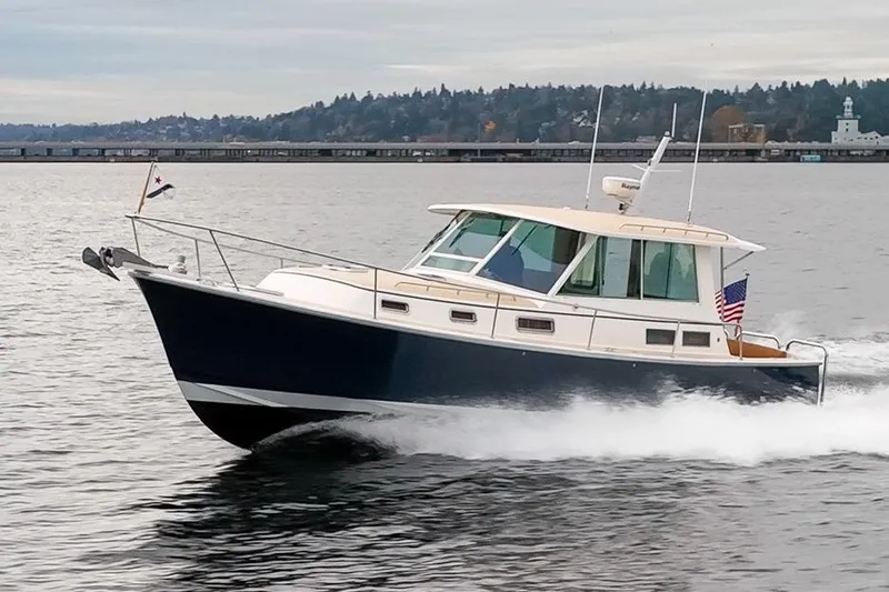 The Image of 2007 Bruckmann BLUESTAR boat cruising on a calm lake with scenic background. - 0