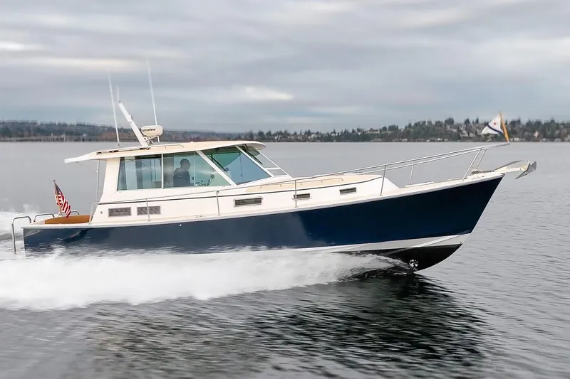 Slide: The Image of 2007 Bruckmann BLUESTAR boat cruising on calm waters under a cloudy sky. - 1