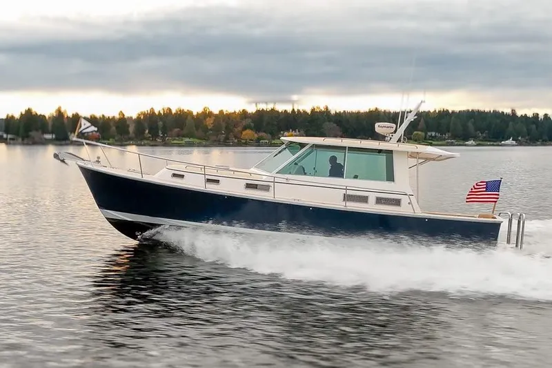 Slide: The Image of 2007 Bruckmann BLUESTAR boat cruising on a serene lake with an American flag. - 2