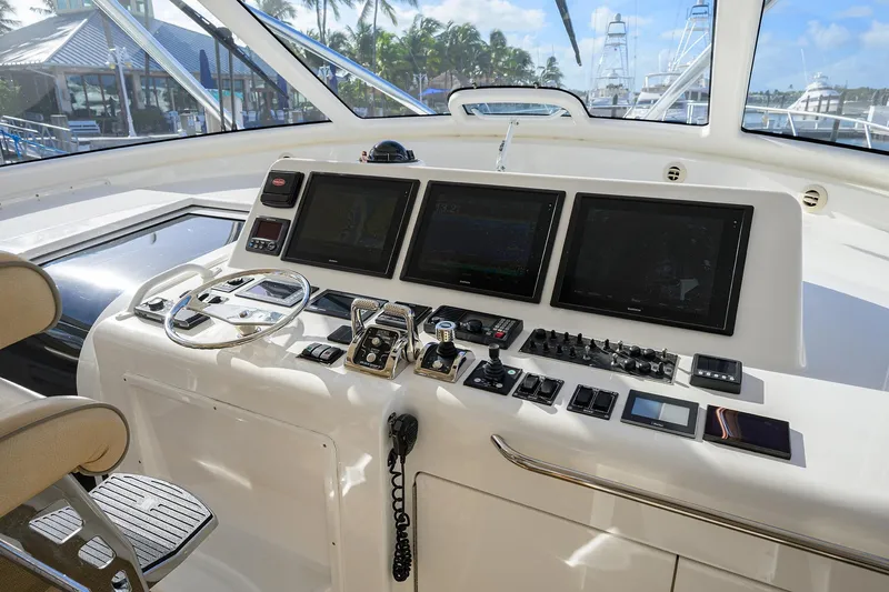 Slide: The Image of Helm of 2015 Viking 52 Open yacht with advanced navigation controls and displays. - 33
