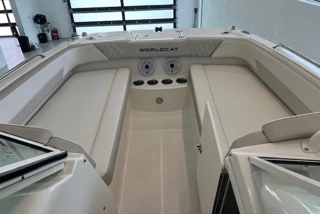 Slide: The Image of 2026 World Cat 230 SD boat interior with spacious seating and modern design. - 8