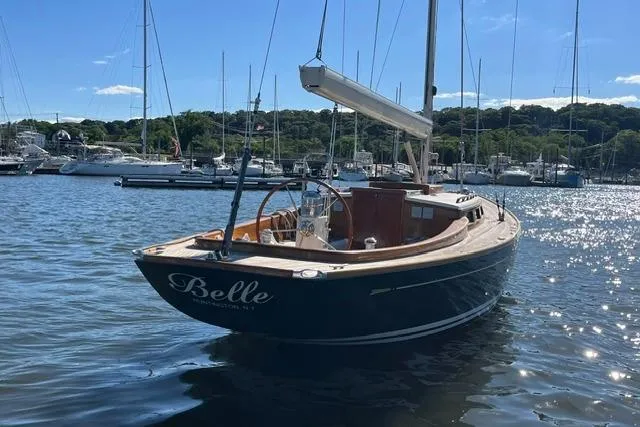 Slide: The Image of Sailboat "Belle" on water, Morris 36, 2006 model, sunny marina backdrop. - 12