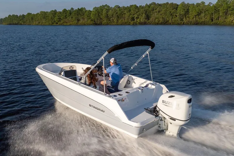 Slide: The Image of 2026 Stingray 172 DC boat cruising on a serene lake. - 11