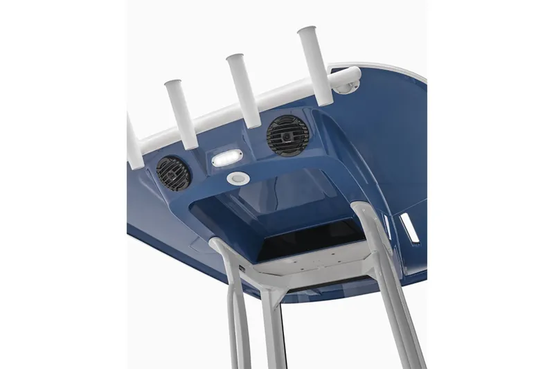 Slide: The Image of Yamaha Boats 252 FSH Sport 2025, blue canopy with speakers and mounts. - 6