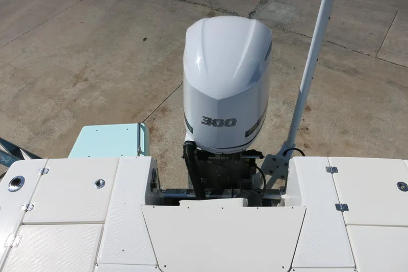 Slide: The Image of 2018 Robalo 246 Cayman boat with a 300 horsepower outboard motor, viewed from above. - 32
