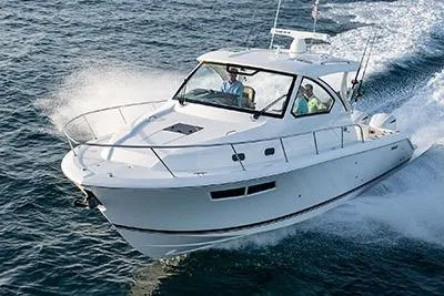 Slide: The Image of 2026 Pursuit OS 355 Offshore boat cruising on open water. - 2